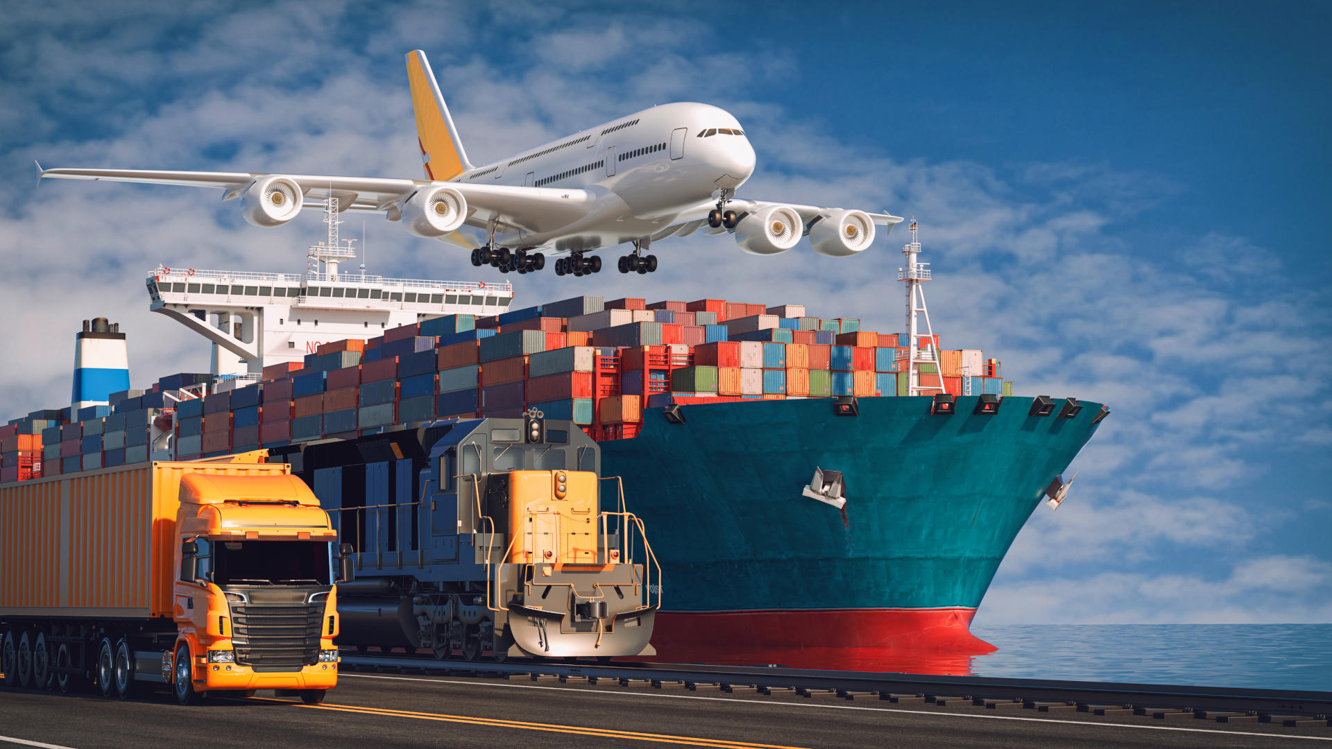 Speedixa – multimodal transport Transportation and logistics of Container Cargo ship and Cargo plane. 3d rendering and illustration.